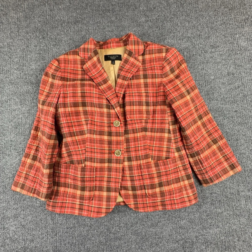 Talbots Plaid Blazer Jacket Womens Petite 4P Red Lined Button Front 3/4 Sleeve